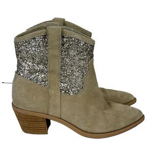 Dolce Vita Shreya Glitter Suede Cowboy Boots Beige Ankle Booties Pointed Toe 6